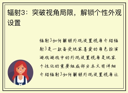 辐射3：突破视角局限，解锁个性外观设置